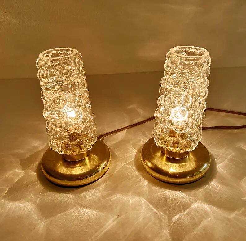 Pair Vintage Bubble Glass Table Lamps, Bedside, Brass