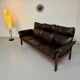 Vintage black leather Dreipunkt Scala design 3-seater sofa in teak.