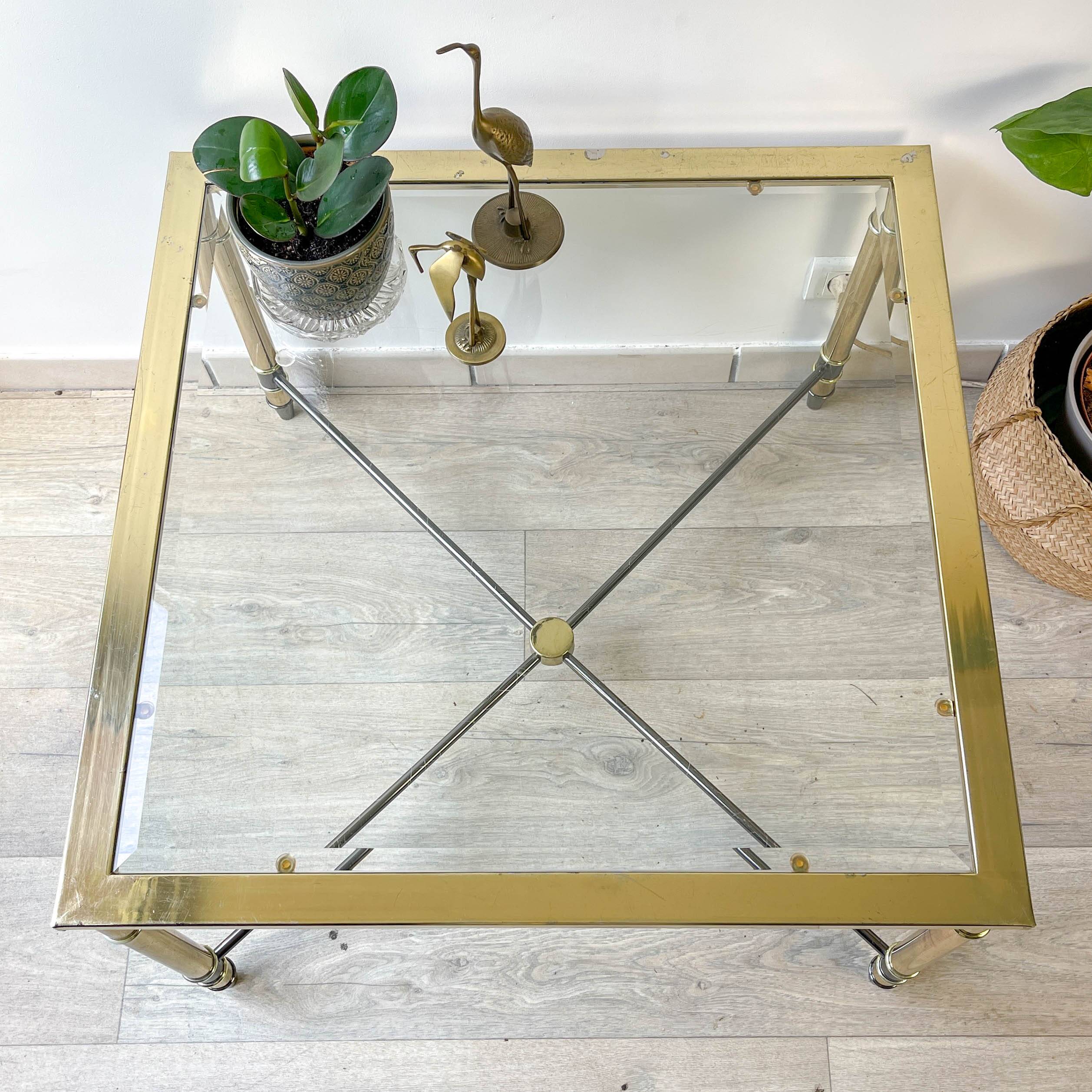 Vintage Brass and Square Beveled Glass Coffee Table