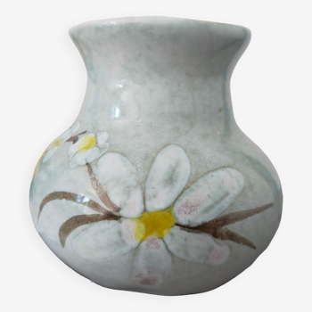 Glazed ceramic vase signed vintage pastel colors of the 50s with spring floral pattern