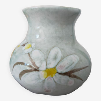 Vase céramique émaillé signé couleurs pastels vintage des années 50 avec motif floral printanier
