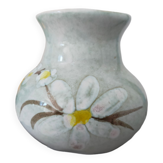 Vase céramique émaillé signé couleurs pastels vintage des années 50 avec motif floral printanier