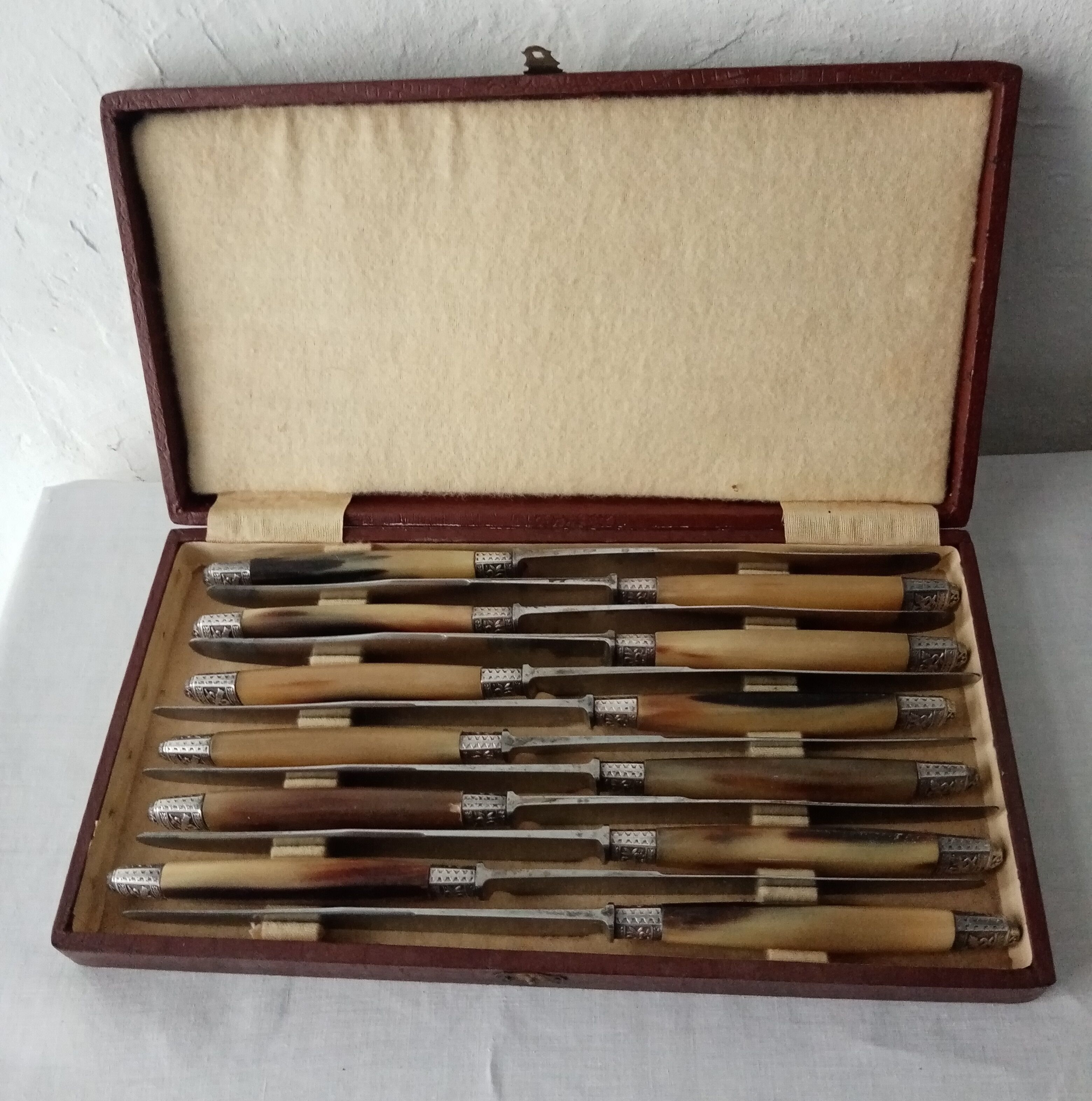 Box 12 old table knife blade steel blade Virole Louis XVI horn handle