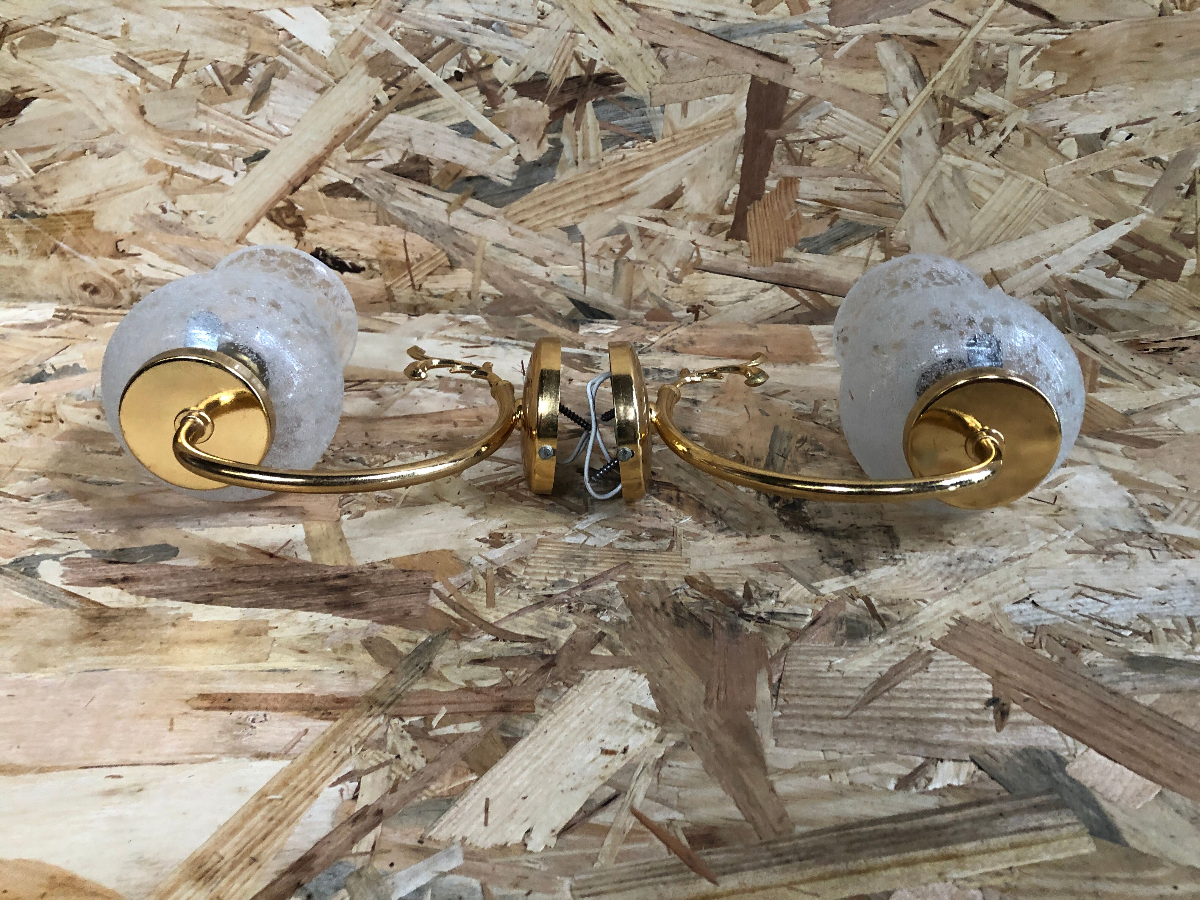 Old Pair Wall Lamp Golden Metal + Reflector Molded Glass 70s Vintage