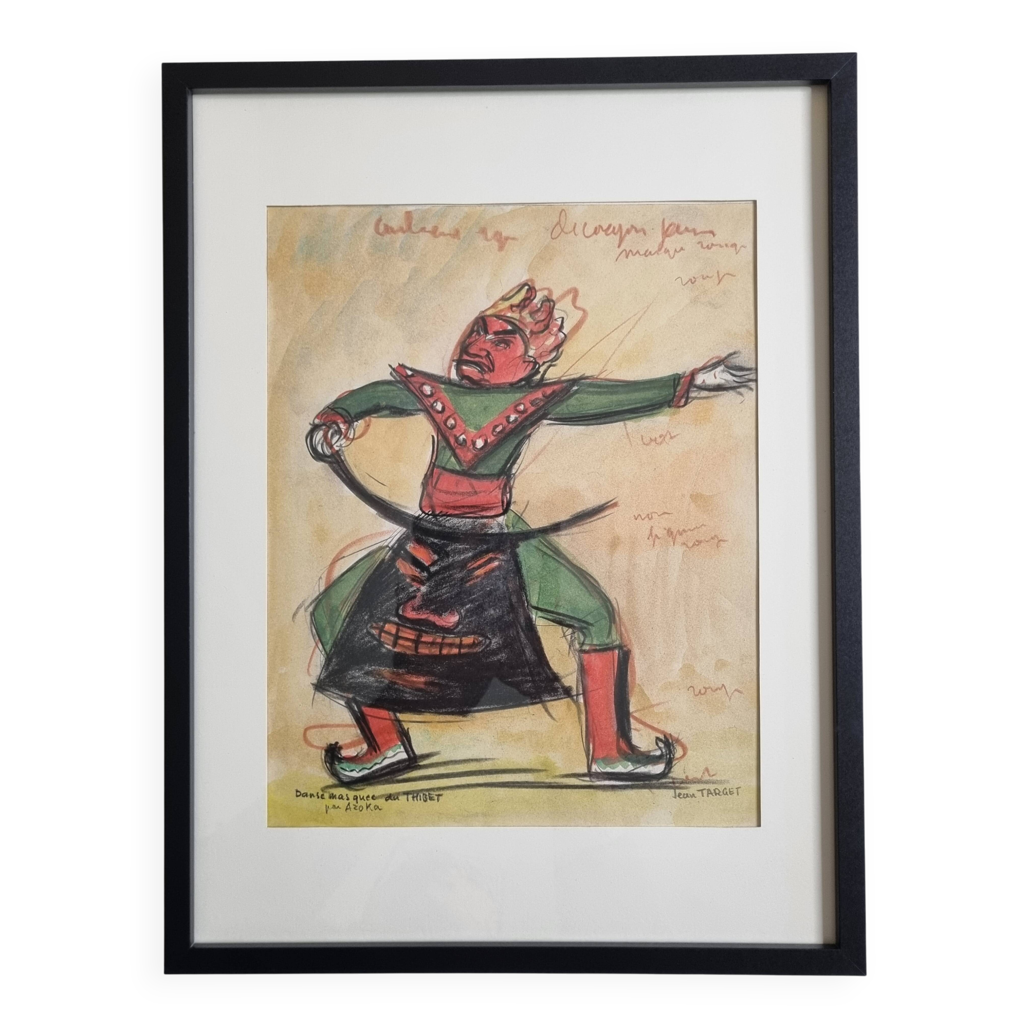 Original pastel signed by Jean Target – Masked dance in Tibet, 30 x 40 cm