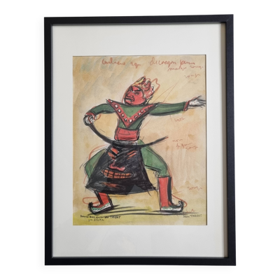 Pastel original signé de Jean Target – Danse masquée au Tibet, 30 x 40 cm