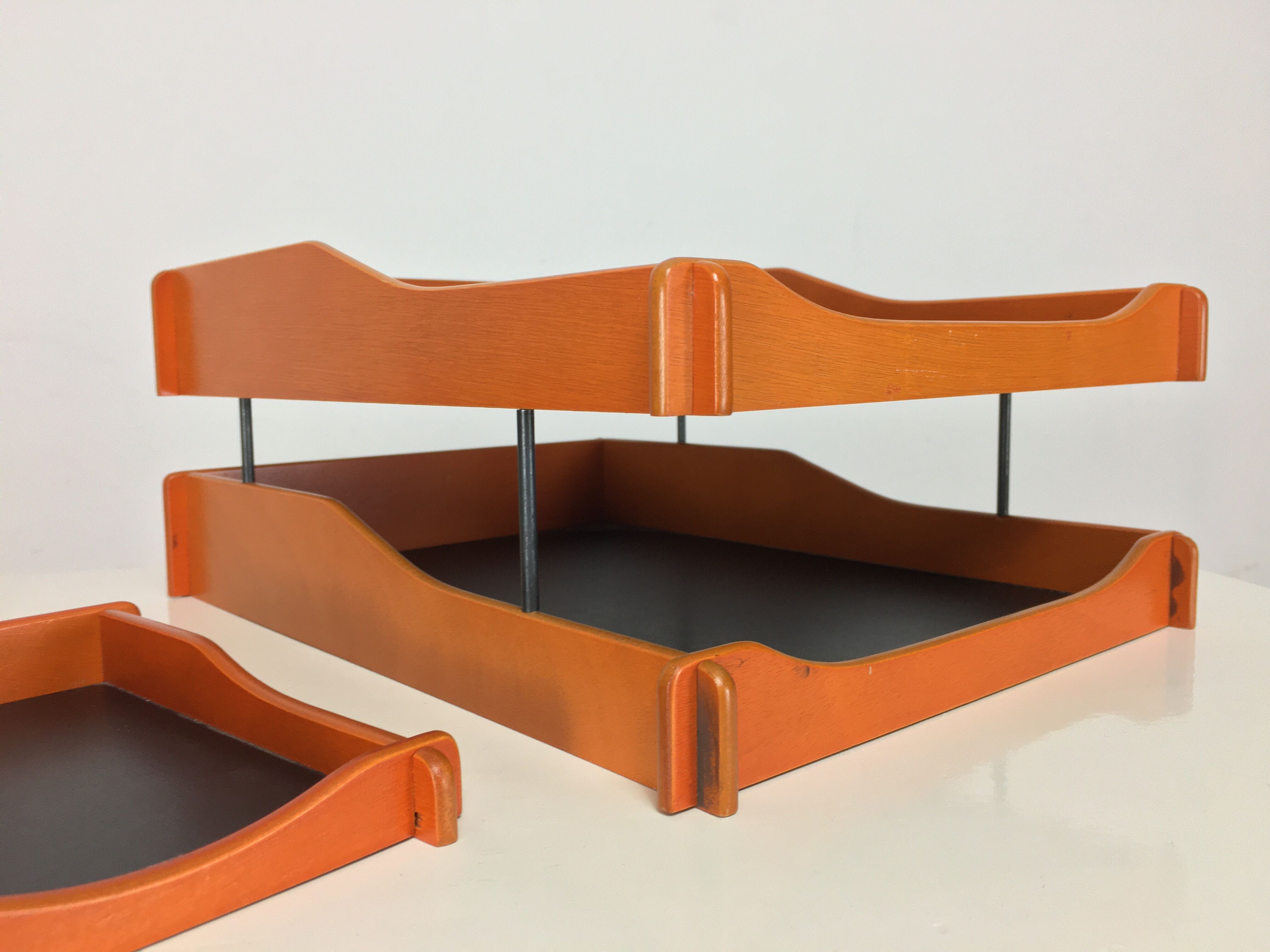 70's orange wood desk set, sorter, vintage pencil jar