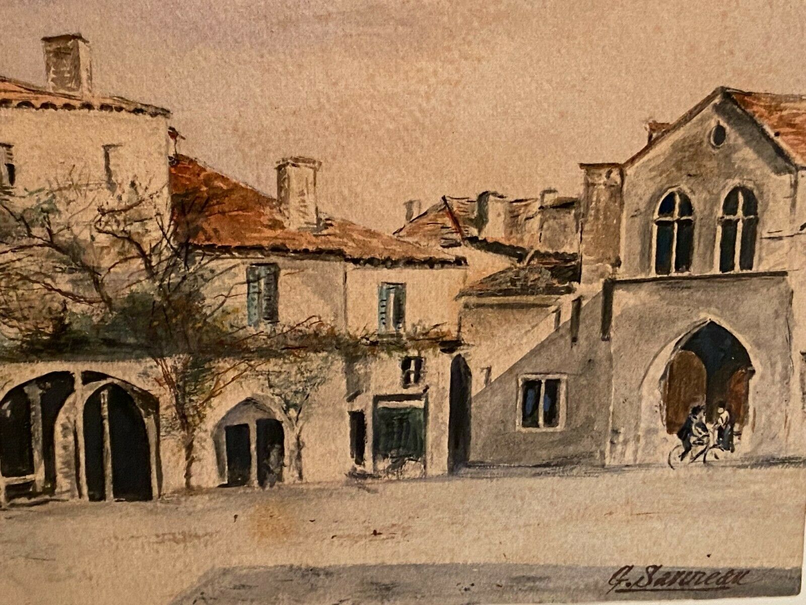 Watercolor signed Sarineau representing a view of a village