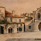 Watercolor signed Sarineau representing a view of a village