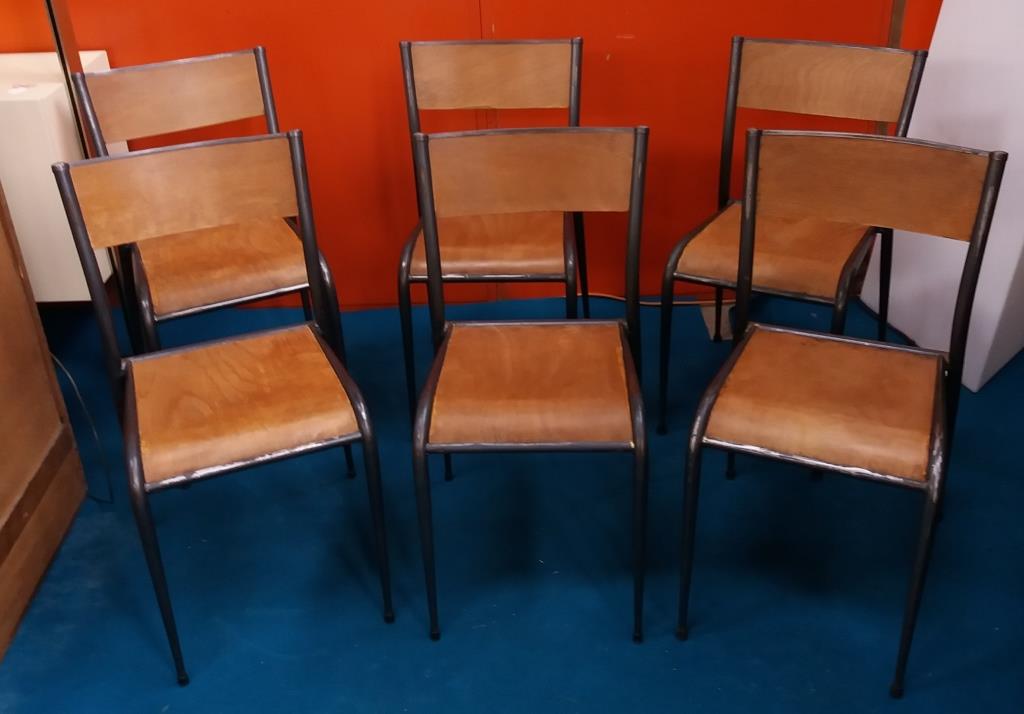 Lot of 6 school chairs wood metal 70s