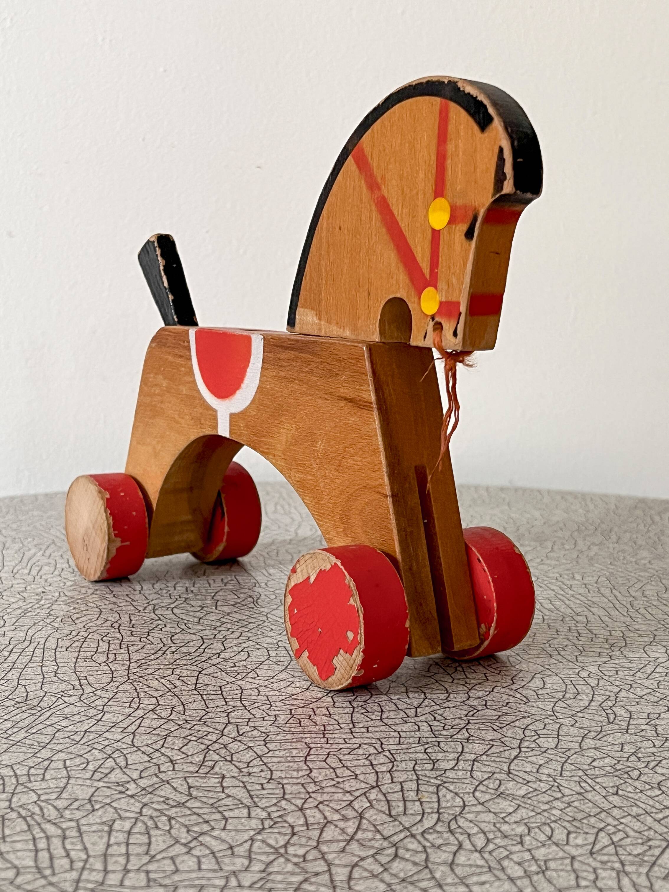 Wooden horse, vintage pull toy.
