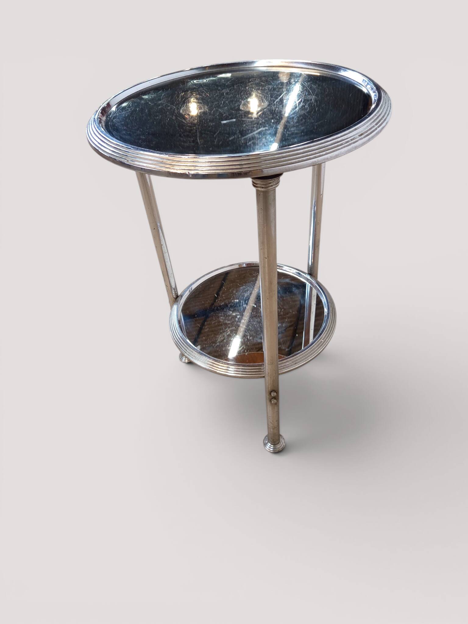 Art Deco tripod gueridon in chrome metal with double mirror top, 1930-19.