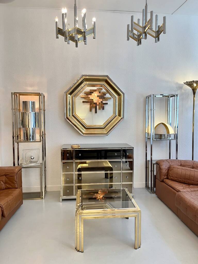 Sandro Petti enormous octagonal mirror brass chrome 1970s Maison Jansen