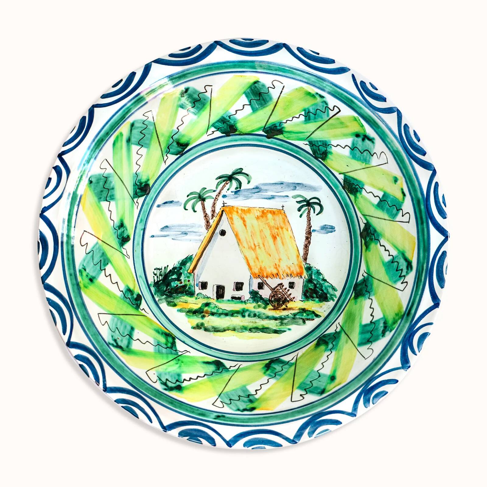Vintage Italian large salad bowl in hand-painted ceramic with a house and palm trees.