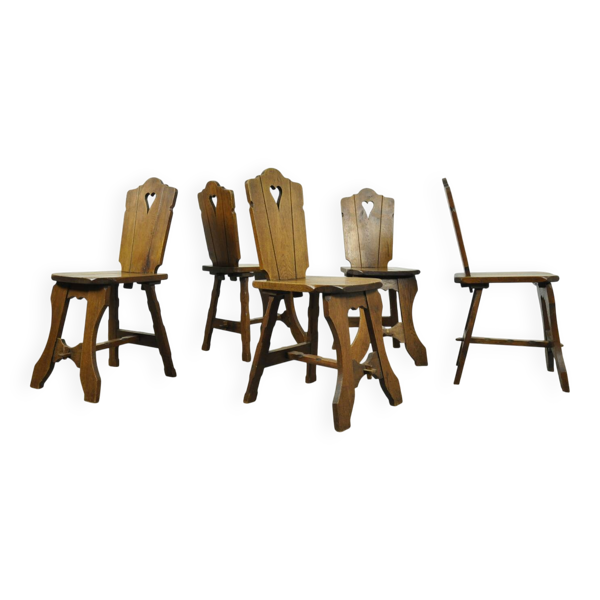 Chaises de salle à manger en chêne vintage brutaliste faites à la main, années 1930