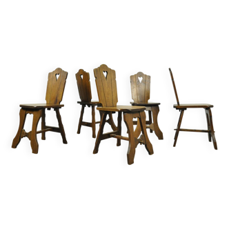 Vintage brutalist oak handmade farmhouse dining chairs, 1930s