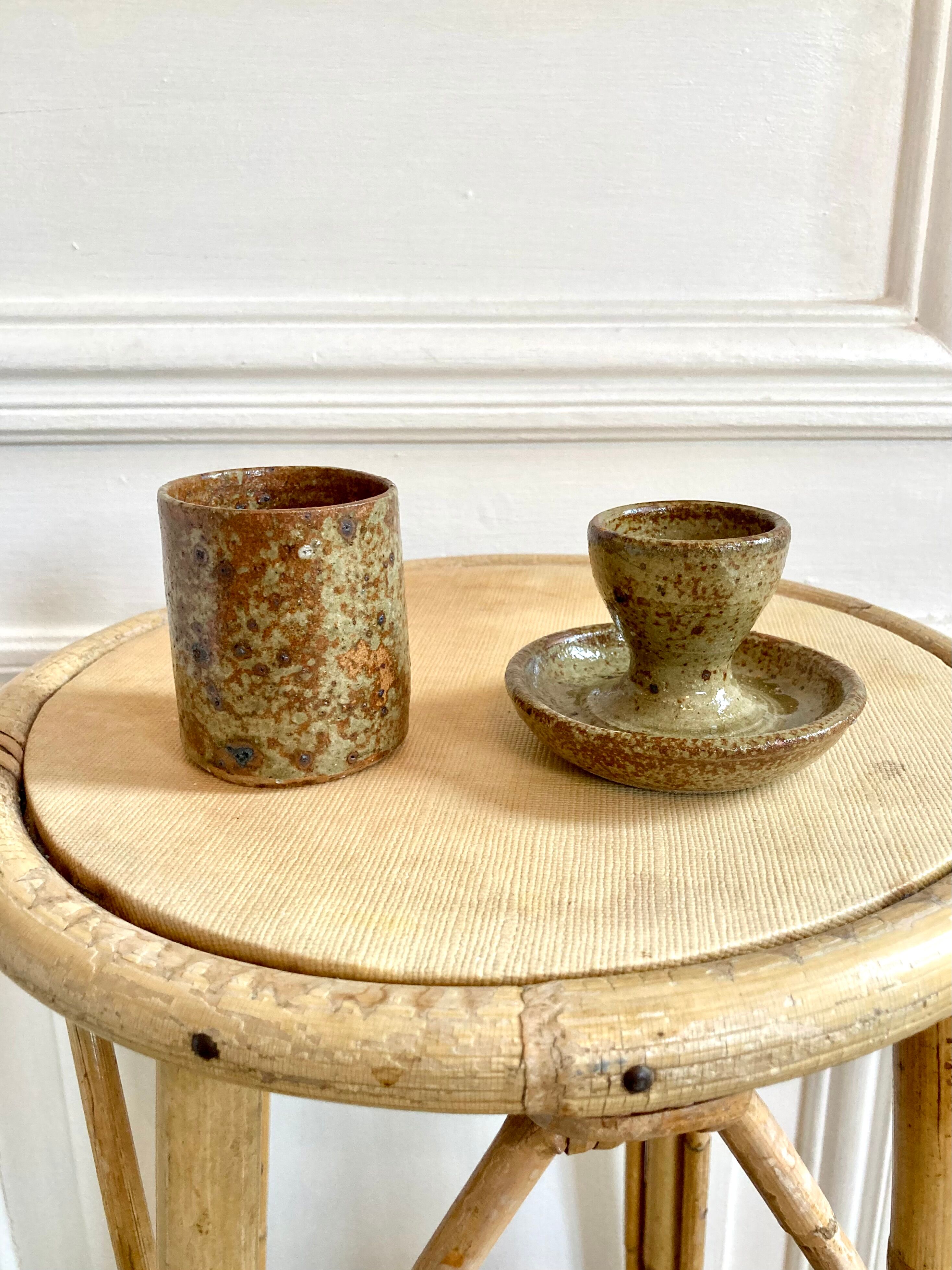 Egg cup and bowl set in pyrite stoneware