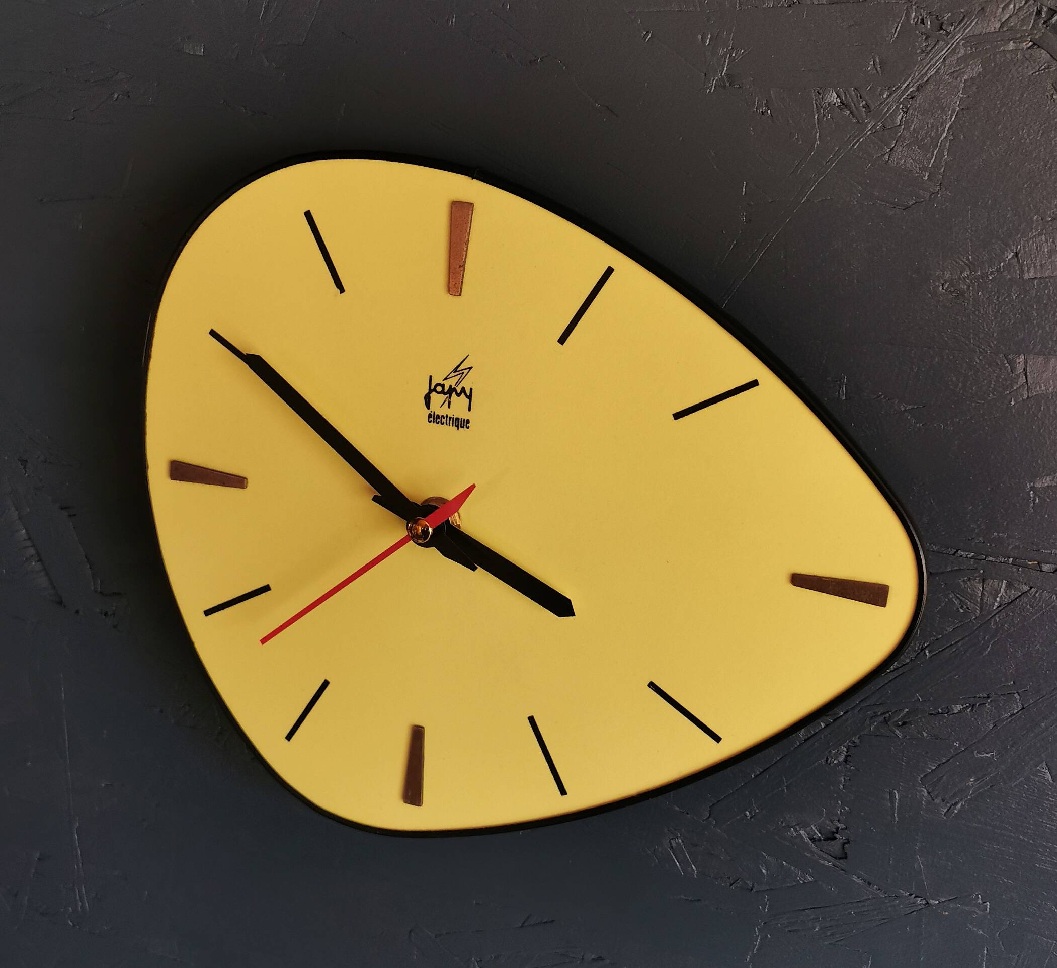 Vintage Formica clock silent asymmetrical wall pendulum "Yellow Japy"