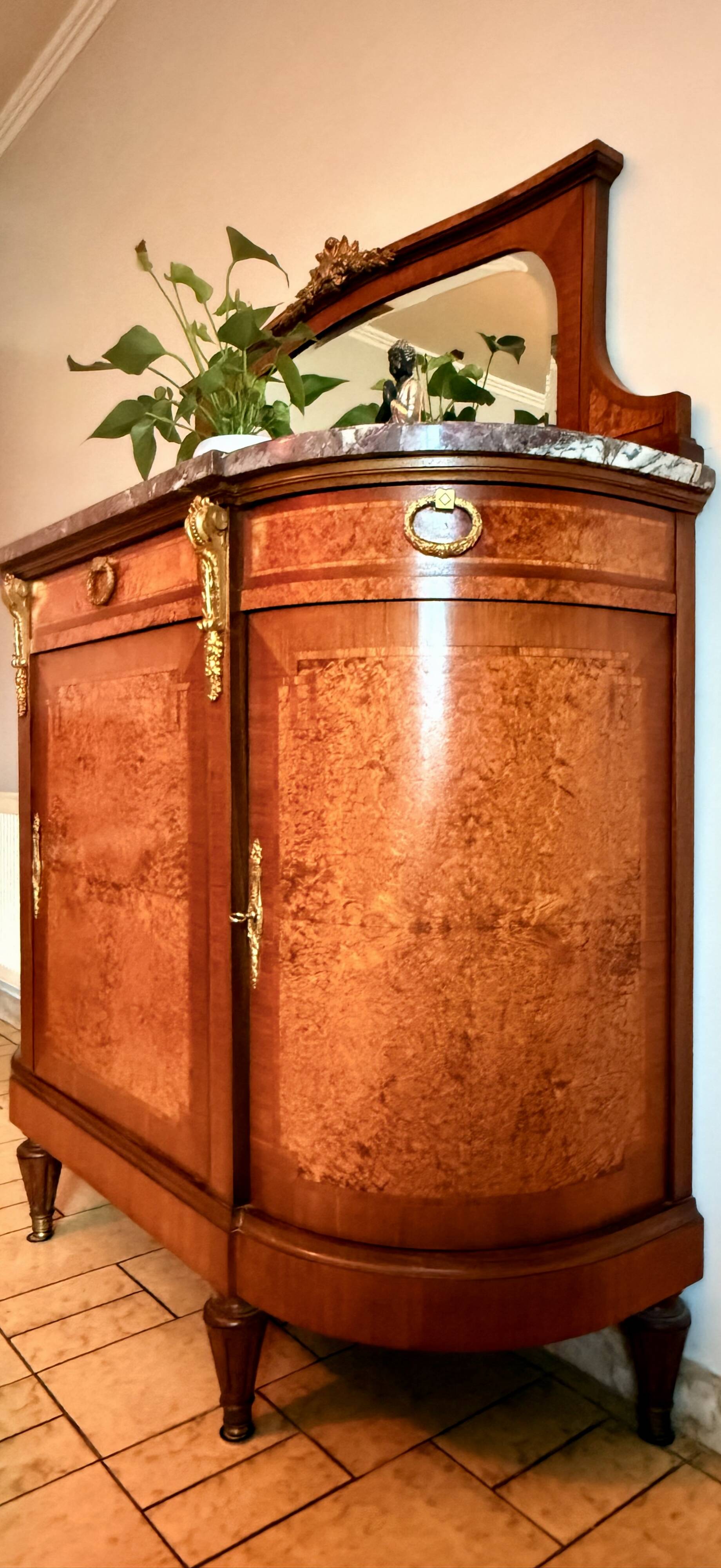 Rare antique buffet with marble, bronze, and marquetry in the Louis XVI style.