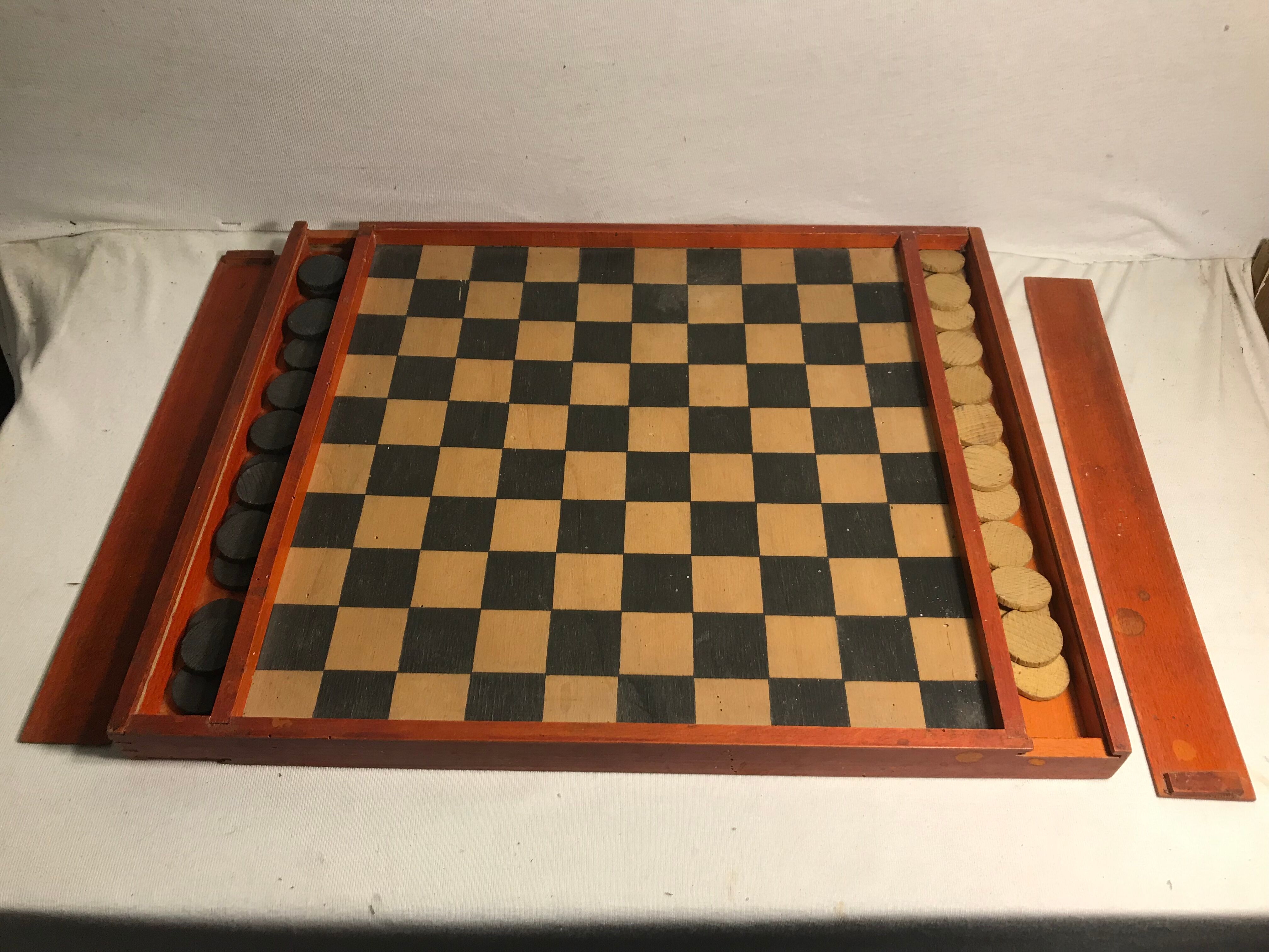 Old board game of checkers + wood + drawers + Vintage-pawns chess game