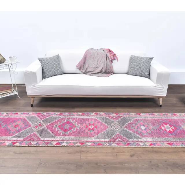 Pink-gray vintage Turkish hand-knotted tribal runner 79x390