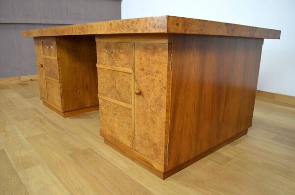Bureau Art-Déco Double Face en Ronce de Noyer 1950