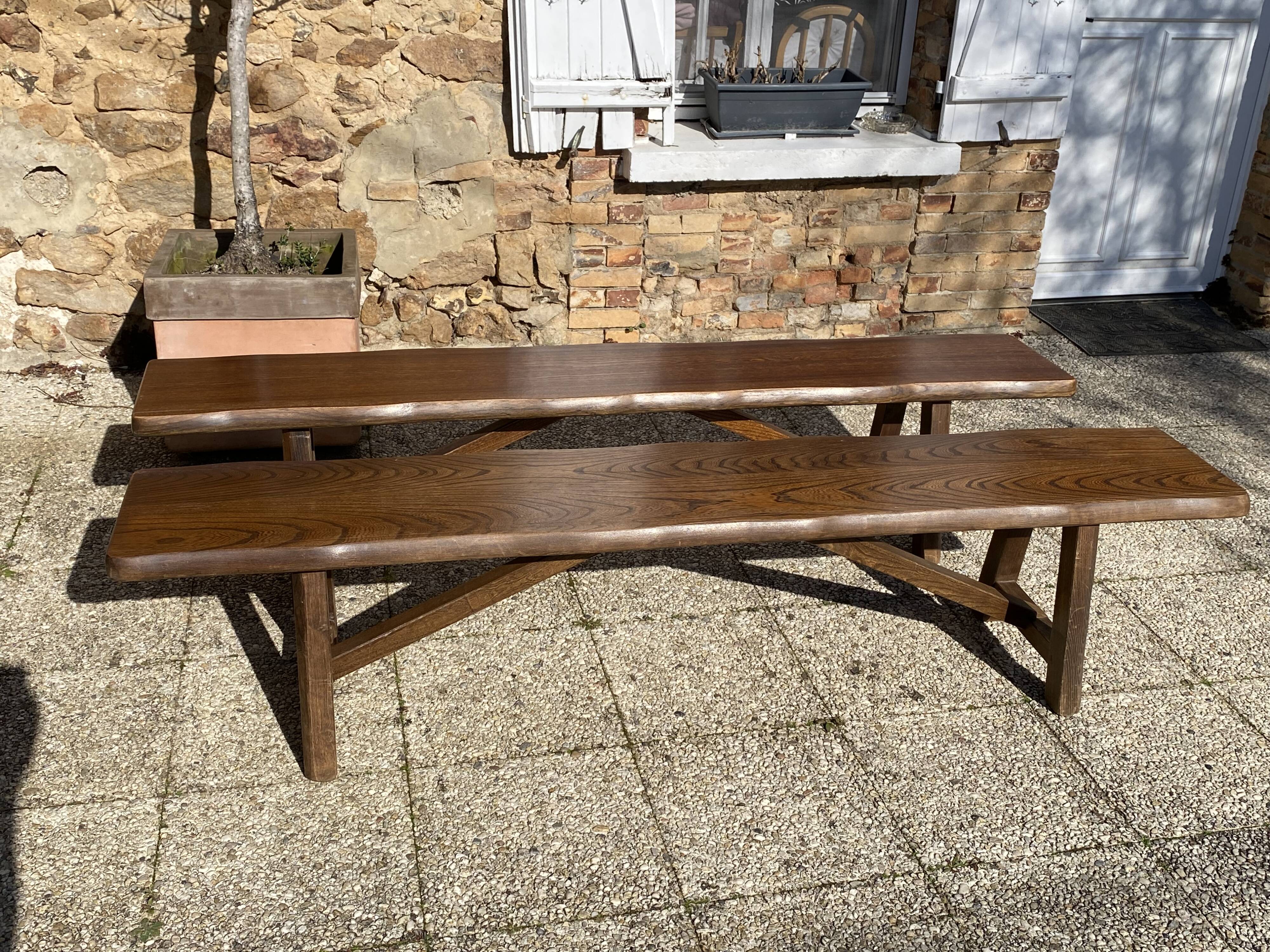 Paire de bancs orme pour table de ferme brutaliste rustique 1950