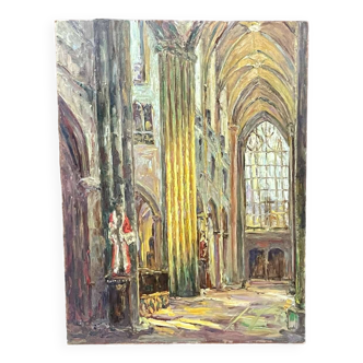 Huile sur carton attribuée à Robert Leparmentier (1893-1975) représentant un intérieur d'église
