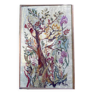 Tree tapestry in handmade stitch 70s signed