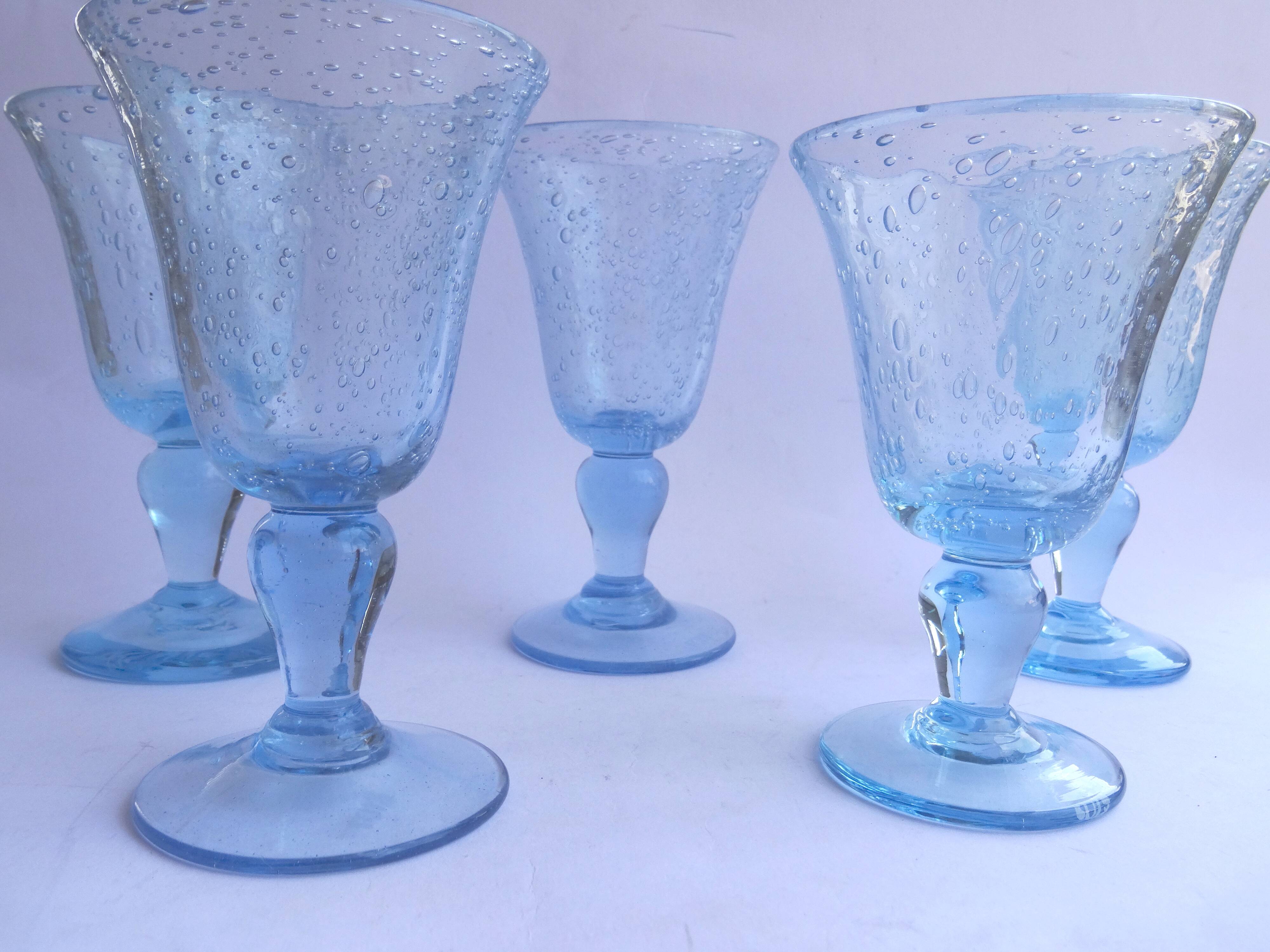 5 glasses with blue Biot stemmed