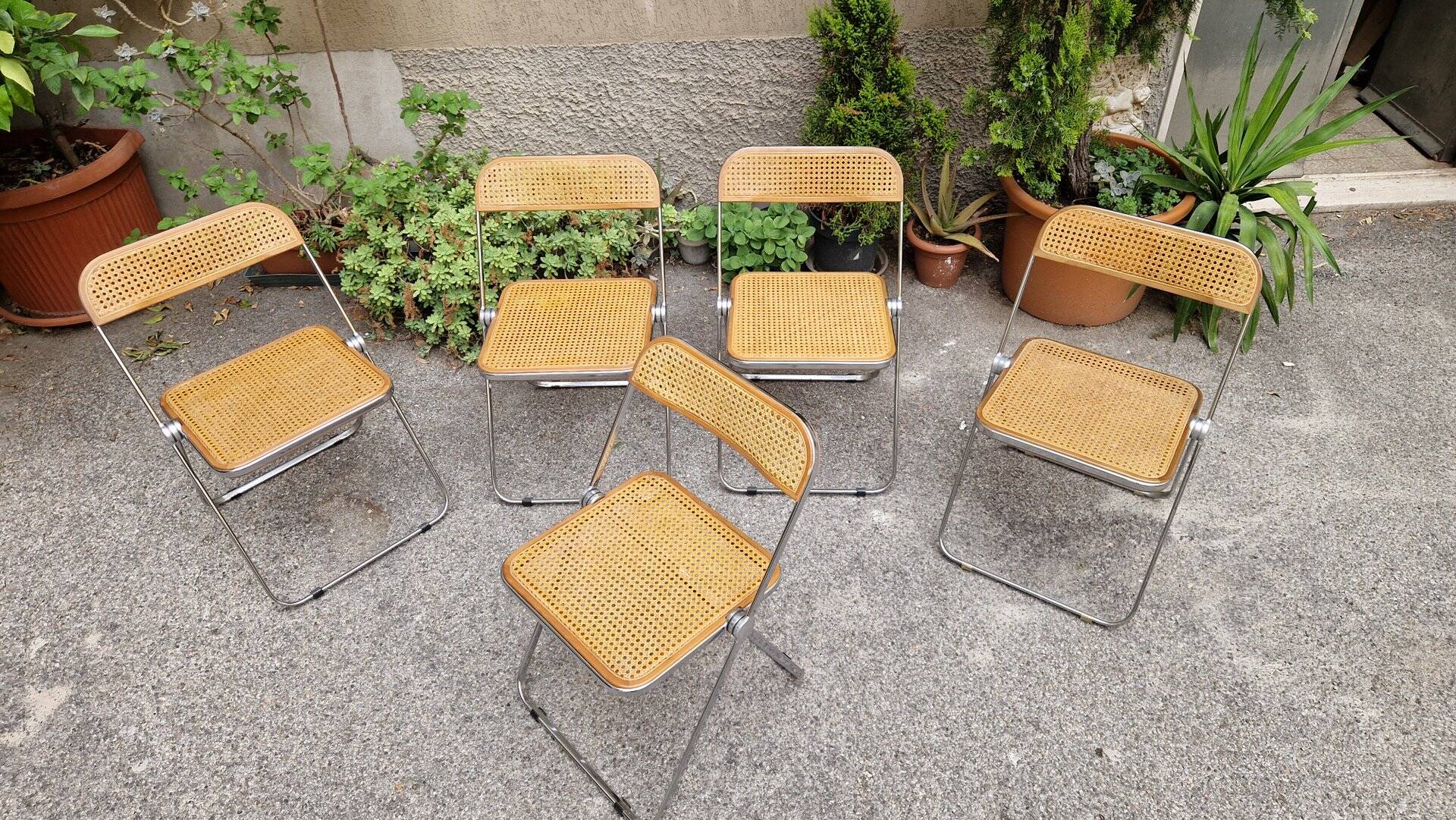Vintage Plia Folding Chair in Vienna Straw by Giancarlo Piretti for Anonima Castelli, 1970s, Set of 5