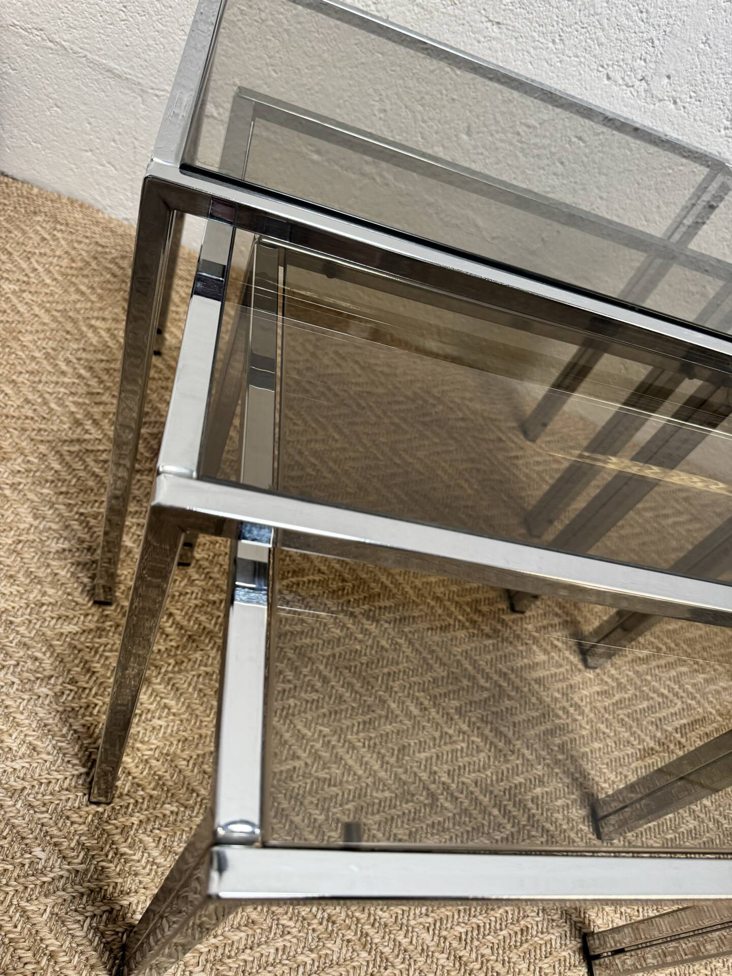 Set of 3 vintage nesting tables – Chrome metal & smoked glass