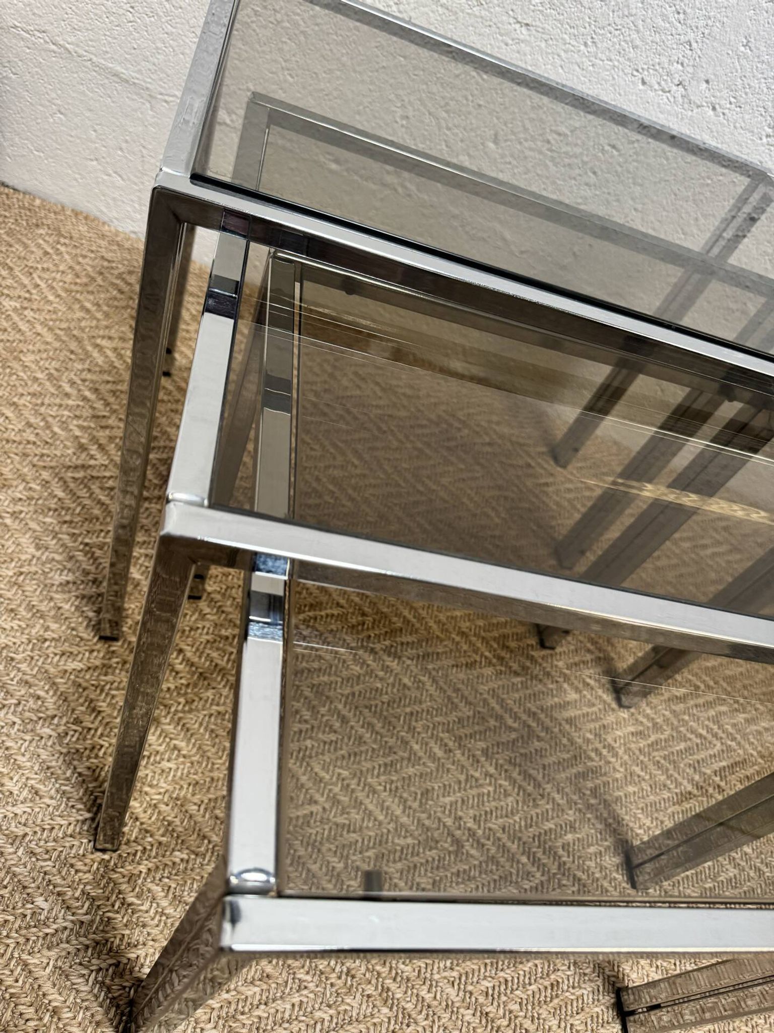 Set of 3 vintage nesting tables – Chrome metal & smoked glass