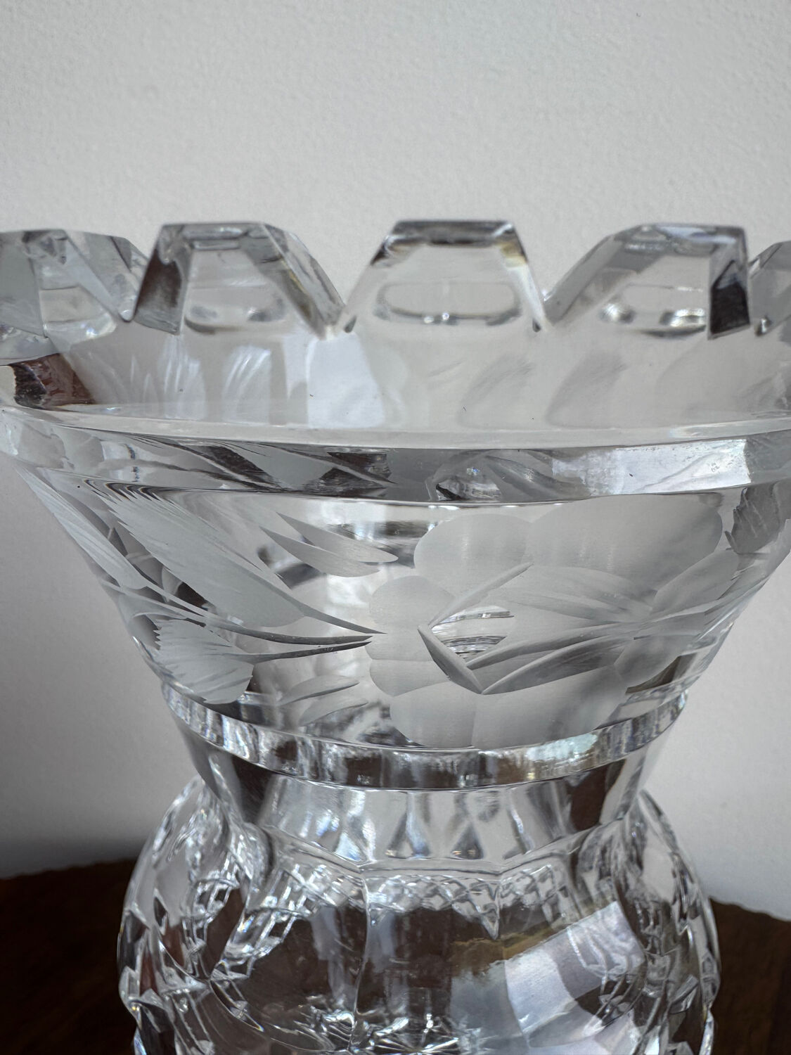 Cut and engraved crystal vase – vintage floral decoration