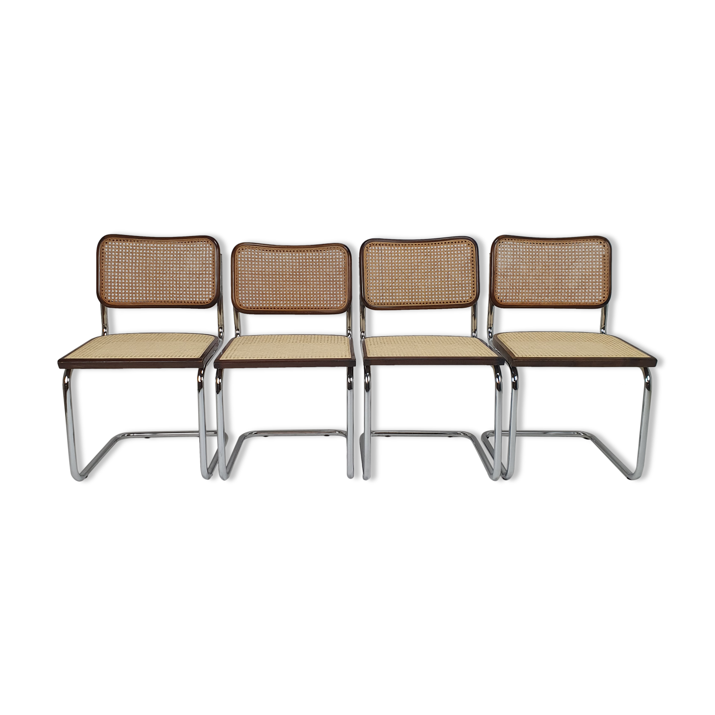 Vintage chrome tubular and cane dining chairs, 1970, italy
