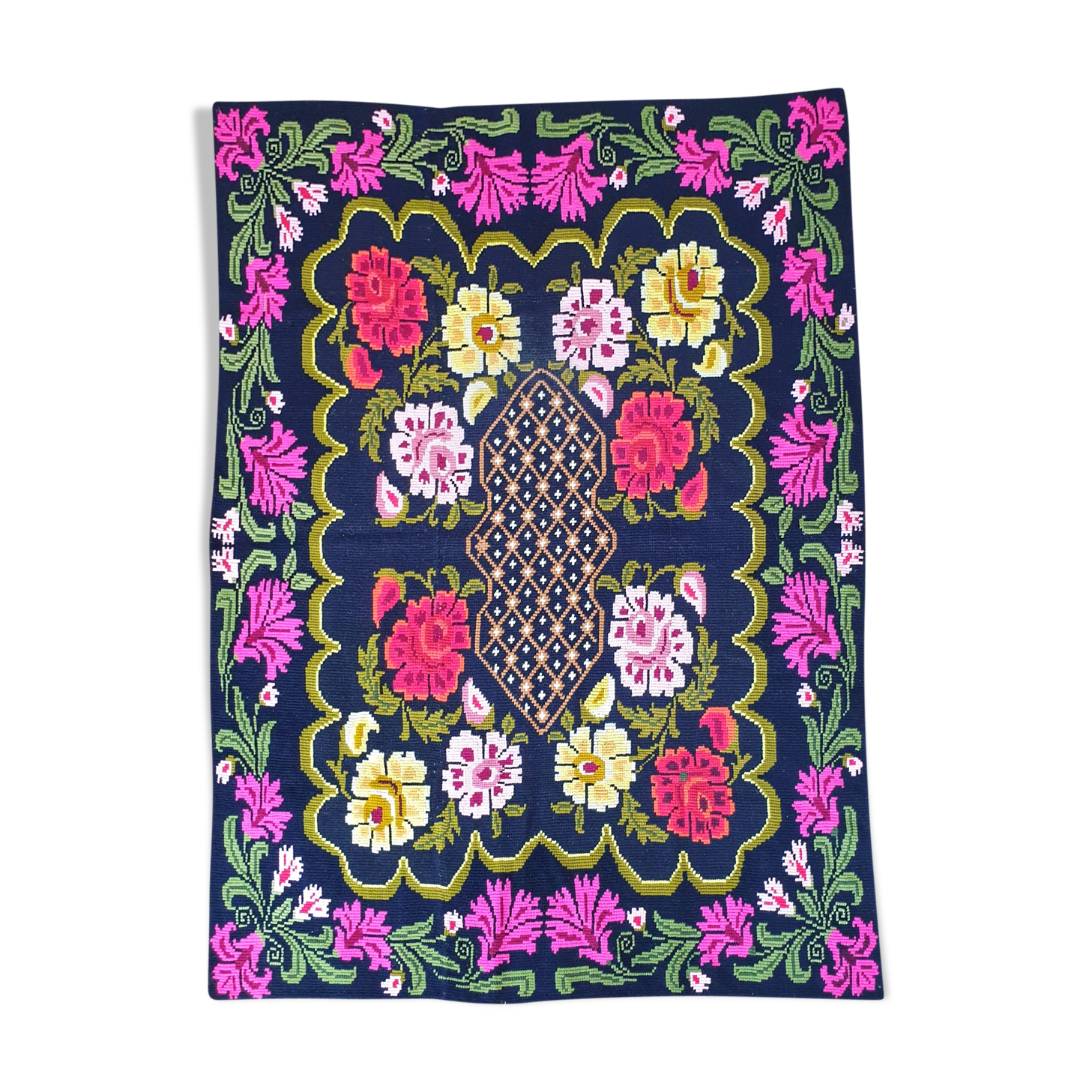 Cross stitch floral boho carpet made by hand on hemp, Romania 148x190cm