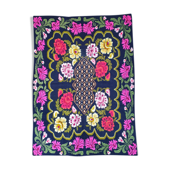 Cross stitch floral boho carpet made by hand on hemp, Romania 148x190cm