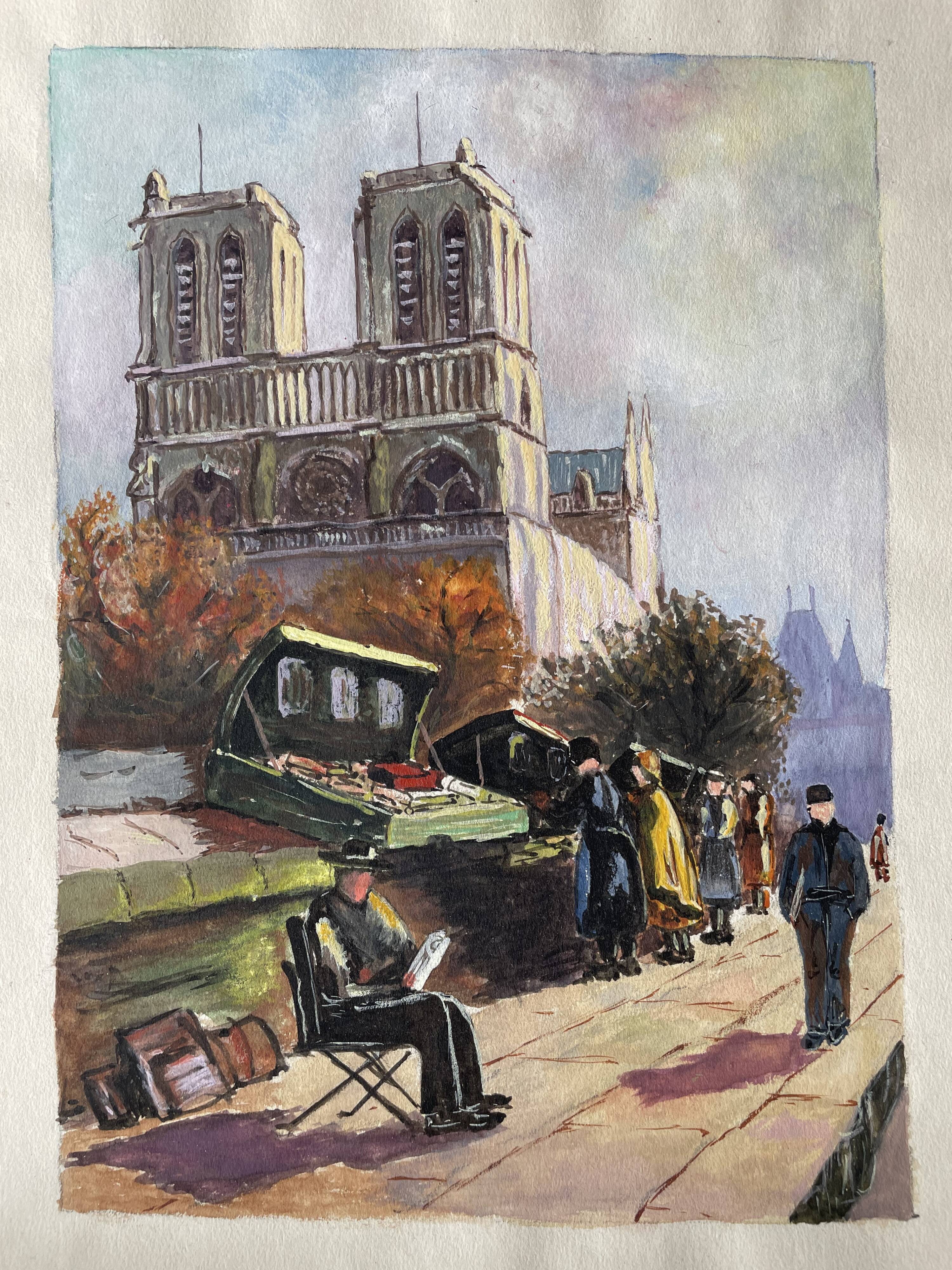 Ancient gouache on paper, Notre Dame de Paris