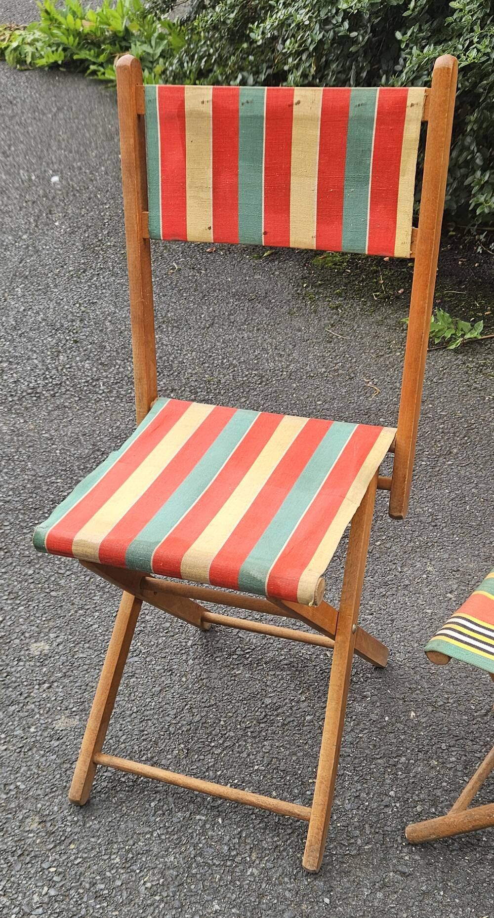 Folding canvas chair with stool, 1950s.