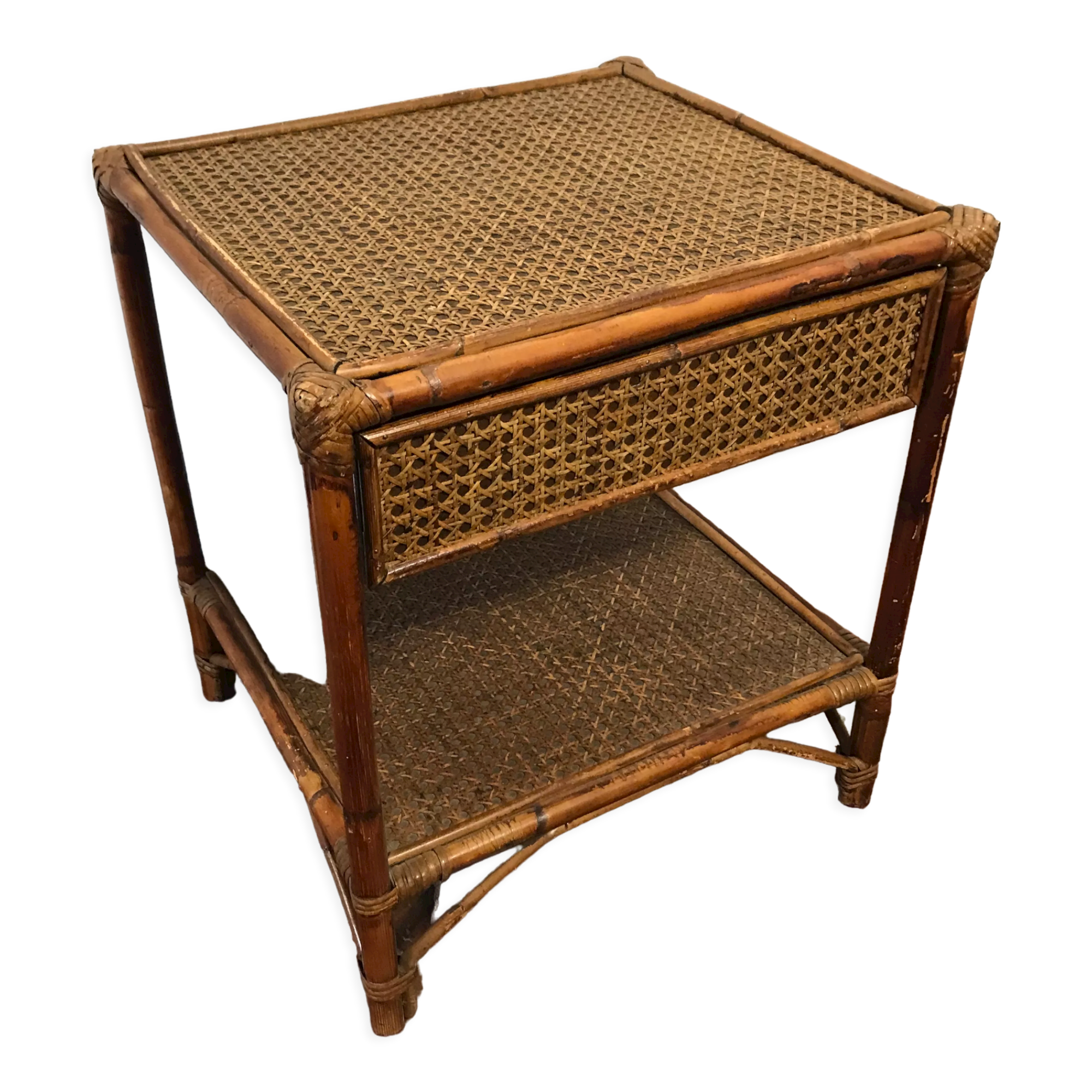 Vintage bedside table 1970 wicker and canning