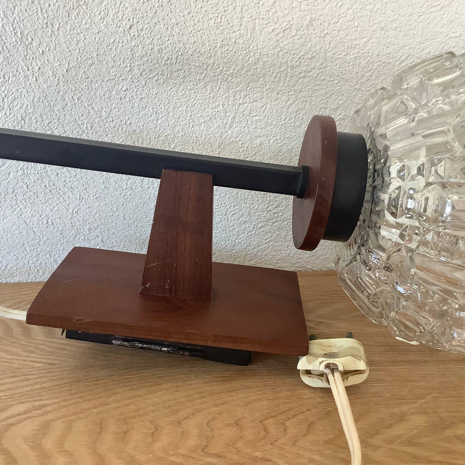 Vintage scandinavian wall lamp wood glass 1970s