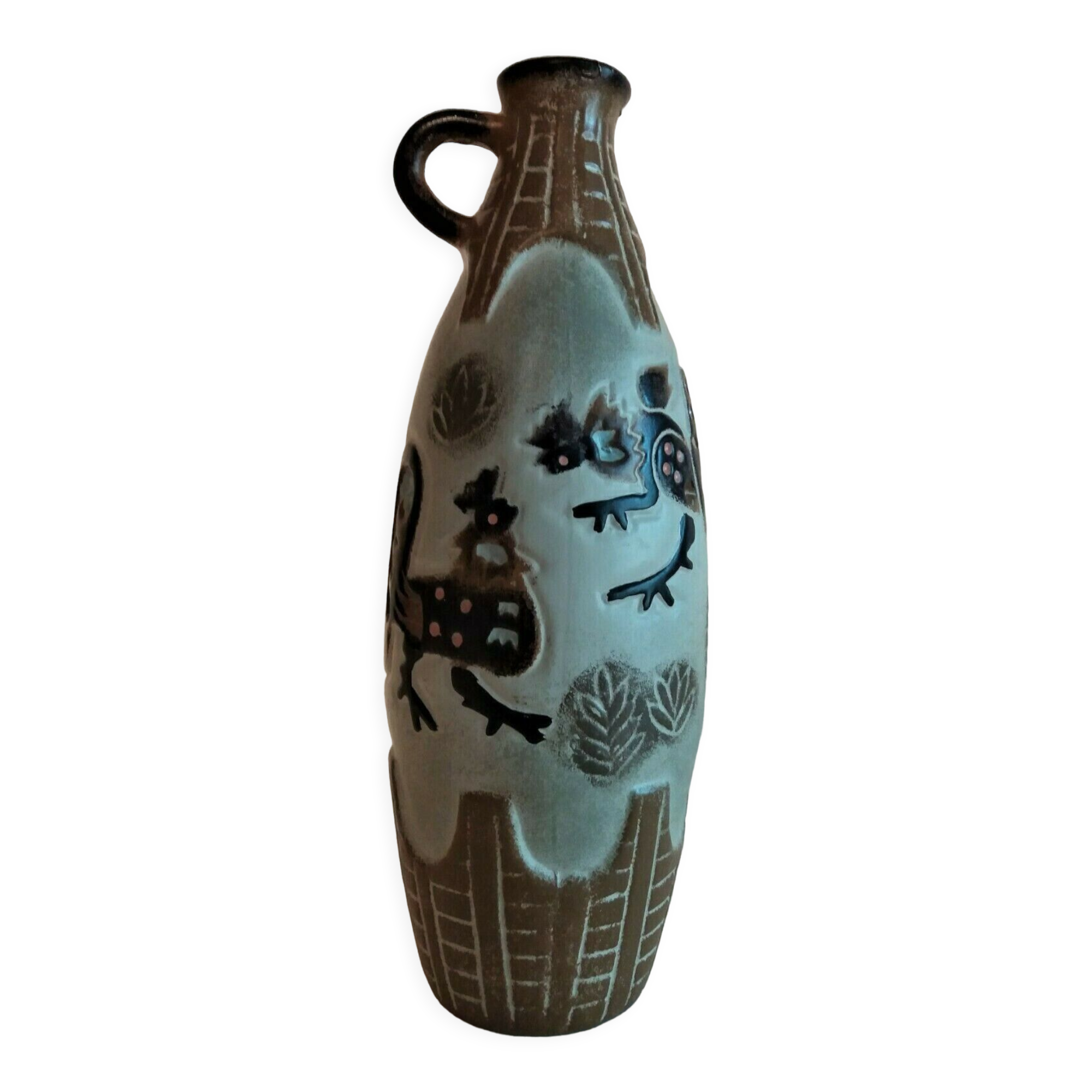 Stoneware vase decorated with vintage ceramic roosters XXth