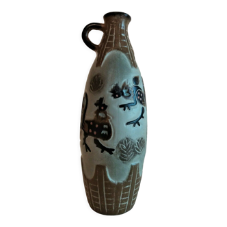 Vase en grès décor aux coqs céramique vintage XXème
