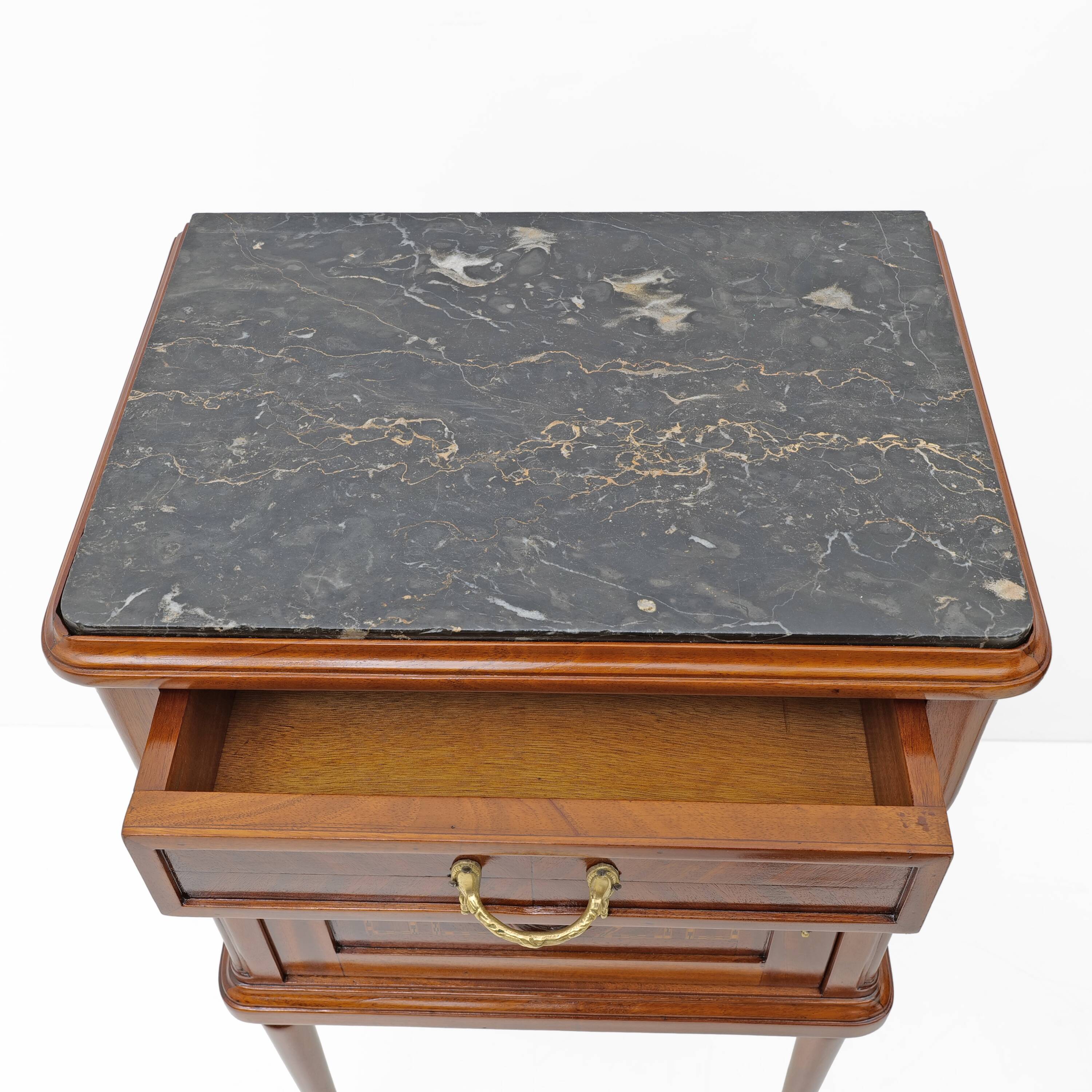 Pair of Louis XVI Style Bedside Tables with Inlays and Marble Top, Italy, 1