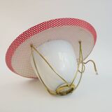 Suspension in perforated red lacquered metal, brass and opaline in the style of Mathieu Matégot