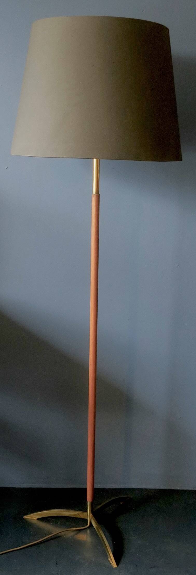 Danish teak floor lamp with brass tripod foot, 1960s