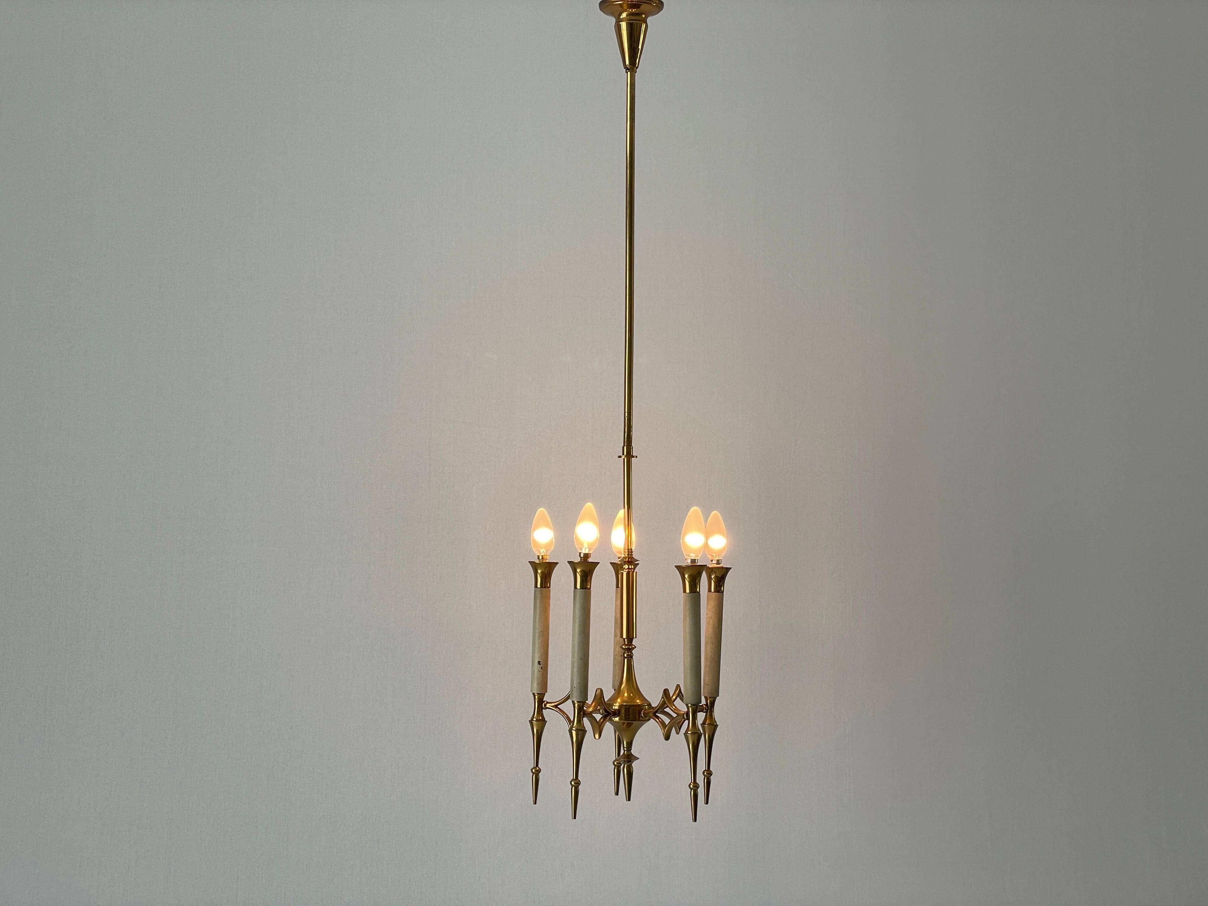 Brass chandelier with 5 light arms, Italy, 1960s