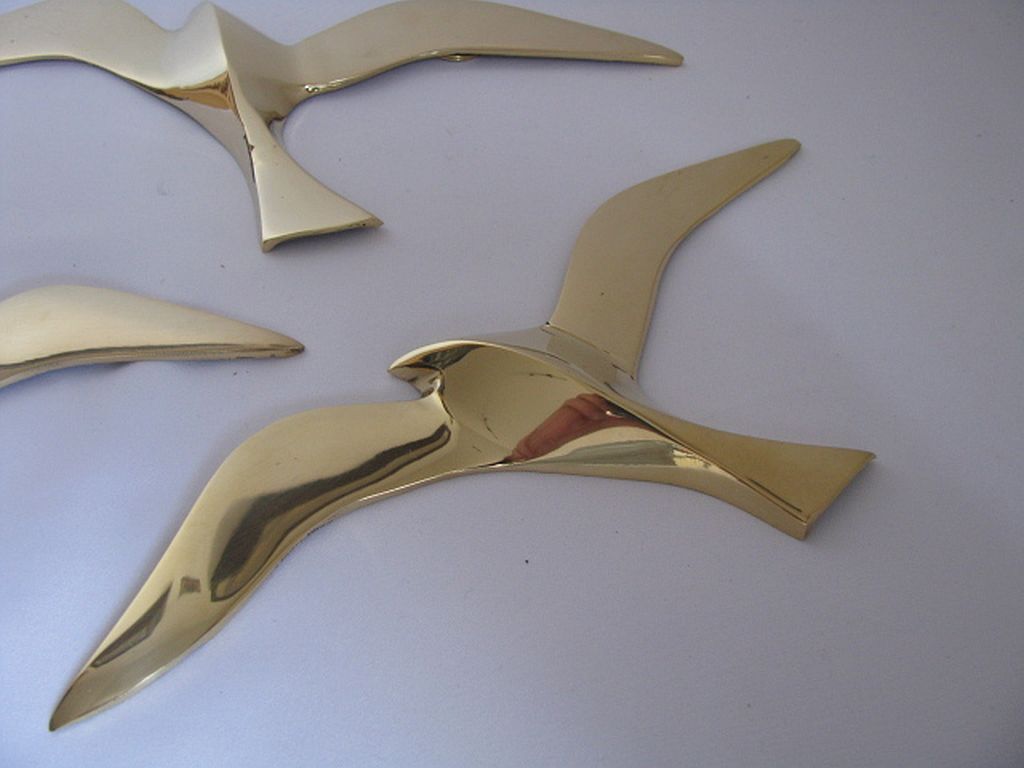 Wall Decoration Set 3 X Seagull / Swallow / Bird. Brass 70 / 80s