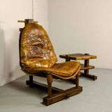 Brutalist Brazilian Style Patched Leather Lounge Chair and Side Table 60s