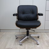 Vintage swivel office armchair in black leather and wood by Giroflex 60s